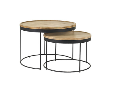Tables basses gigognes rondes bois manguier massif et m&eacute;tal noir (lot de 2) LEDGE