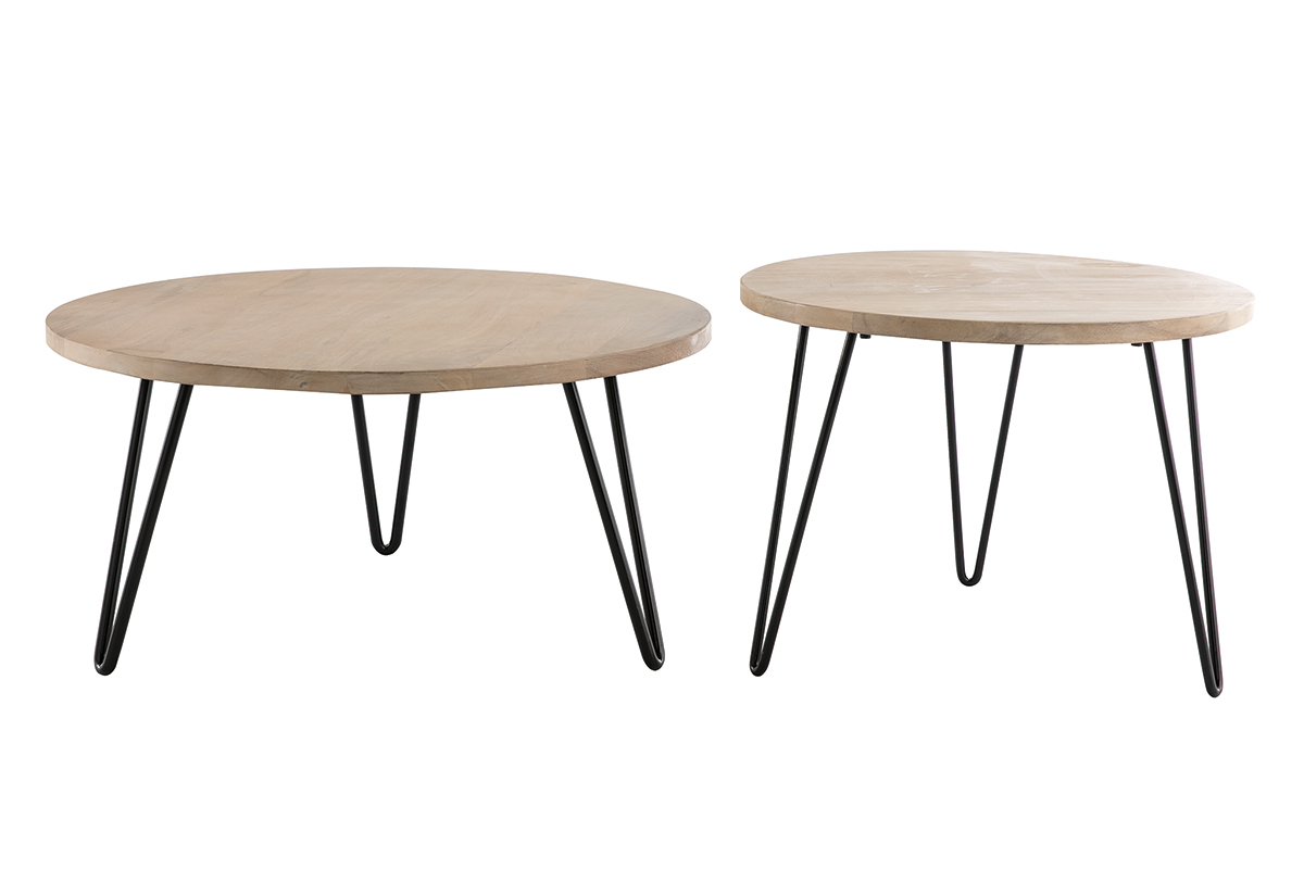 Tables basses gigognes rondes bois manguier massif et m�tal noir (lot de 2) VIBES
