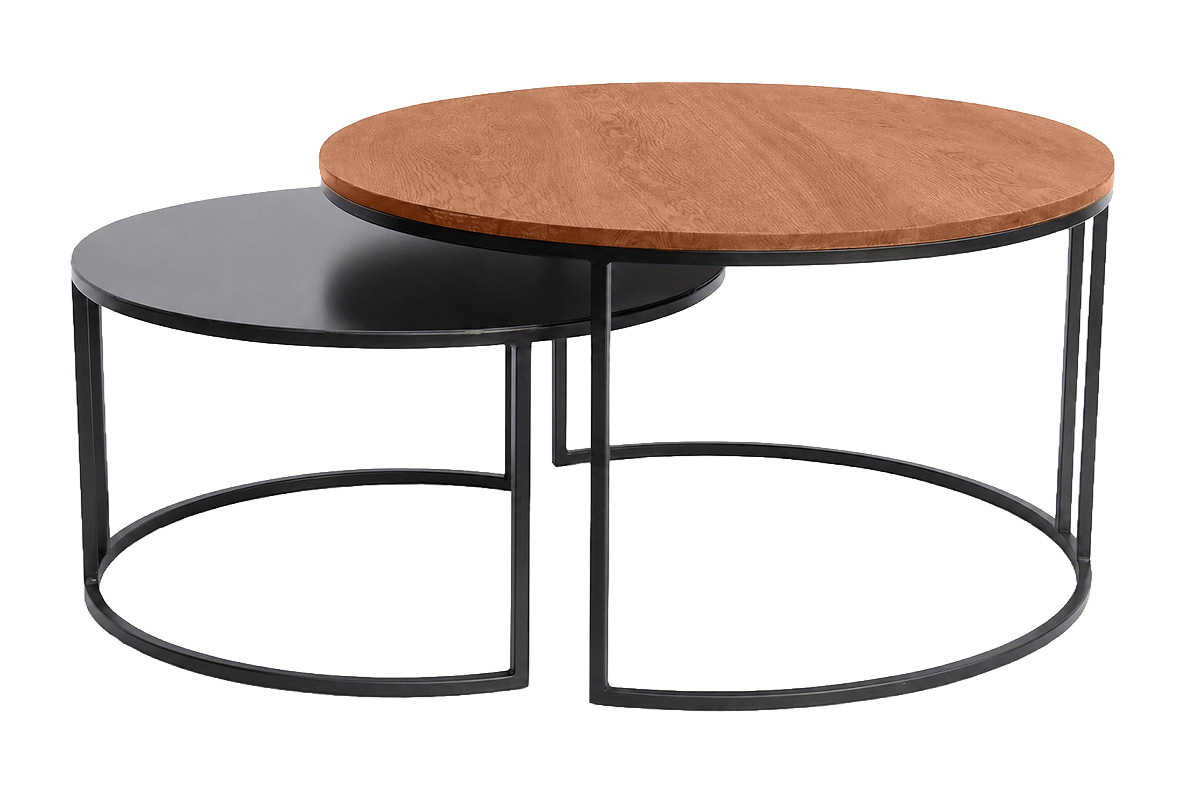 Tables basses gigognes rondes bois manguier massif teint� et m�tal noir (lot de 2) TAHL