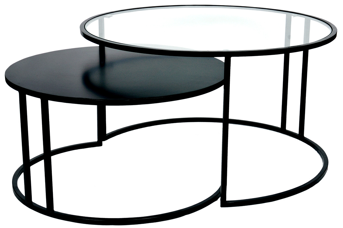 Tables gigognes TAHL en verre tremp� et m�tal noir, vue lat�rale