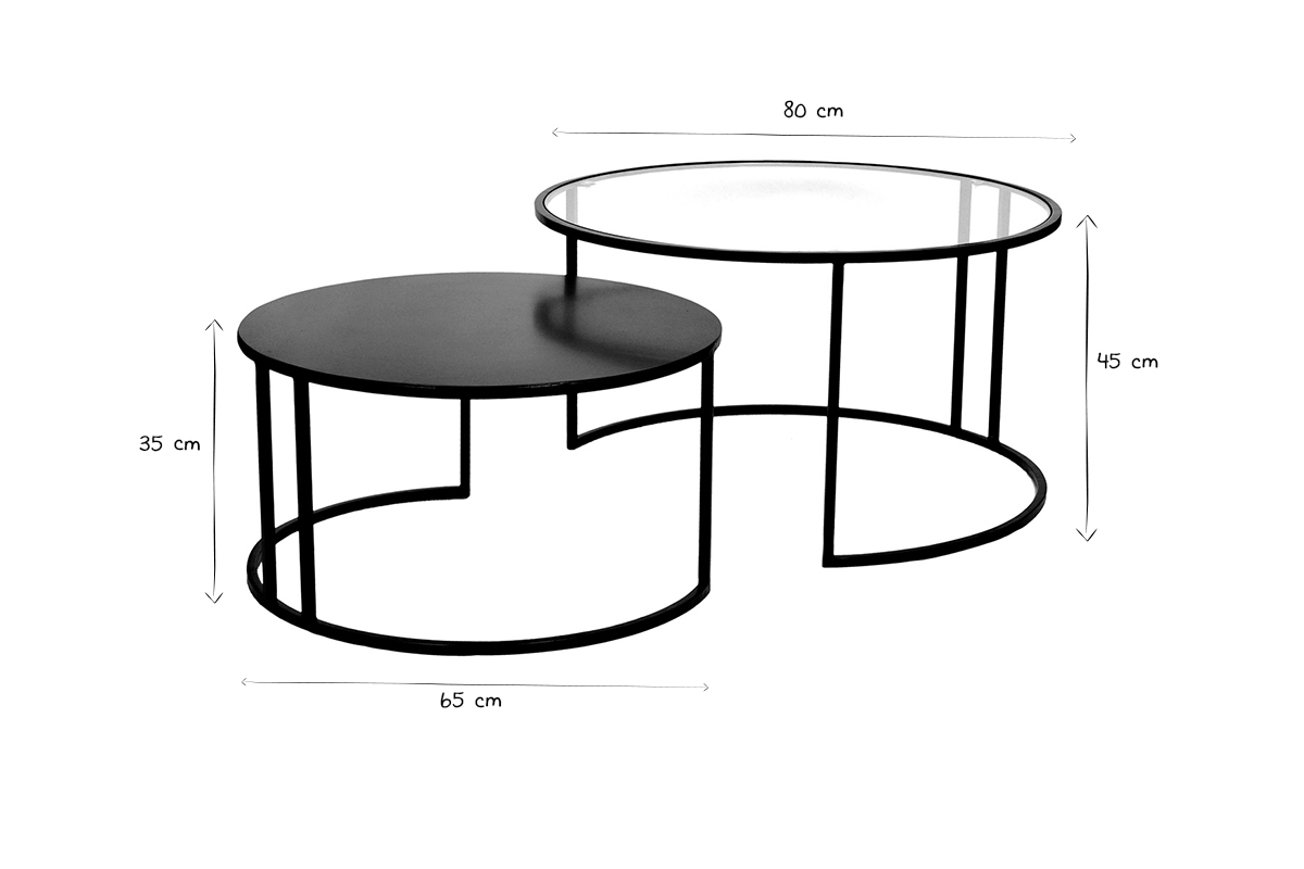 Dimensions des tables basses gigognes TAHL en noir et blanc, vue de c�t�.