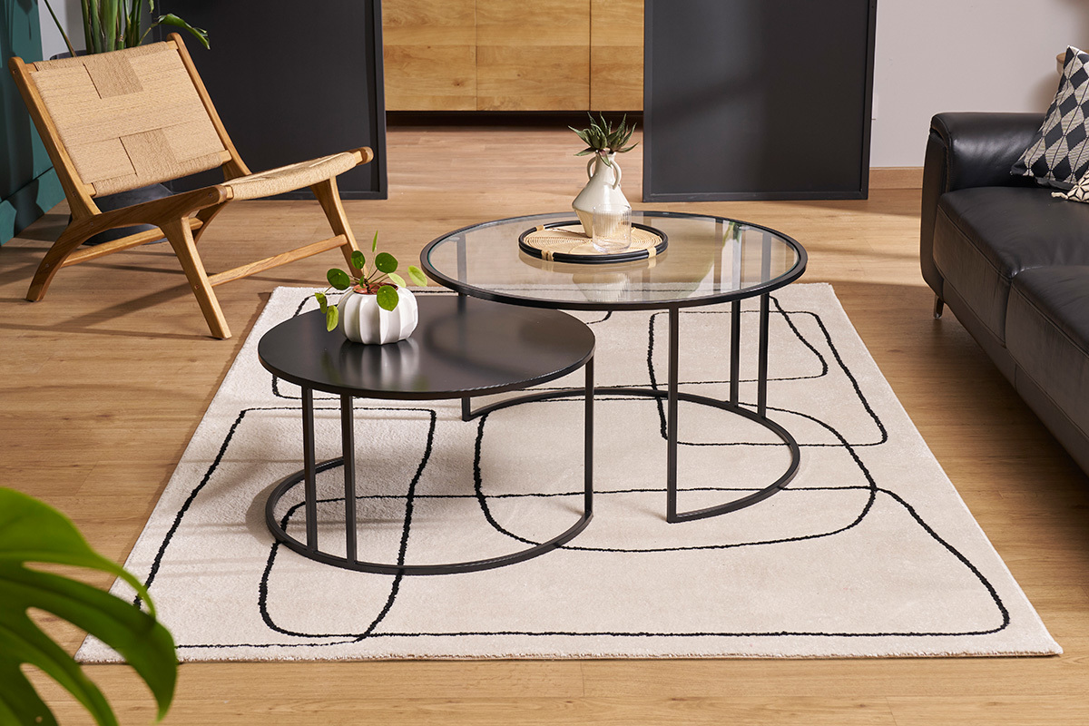 Deux tables basses gigognes, l'une en verre, l'autre en m�tal noir, sur tapis, pr�s d'un fauteuil en bois.