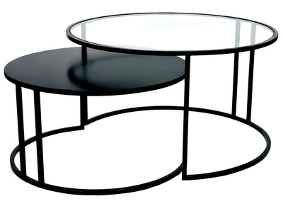 Tables basses gigognes rondes design verre tremp&eacute; et m&eacute;tal noir TAHL (lot de 2)