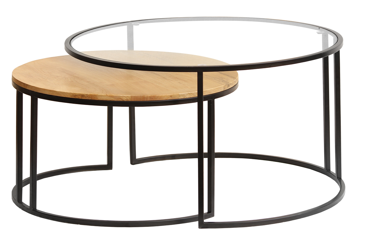 Tables basses rondes gigognes en verre et bois avec structure en m�tal noir.