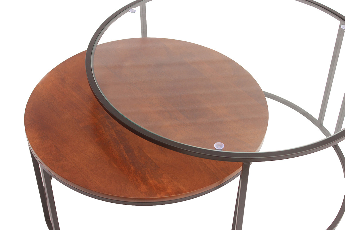 Tables basses gigognes rondes verre tremp�, bois manguier massif teint� et m�tal noir (lot de 2) TAHL
