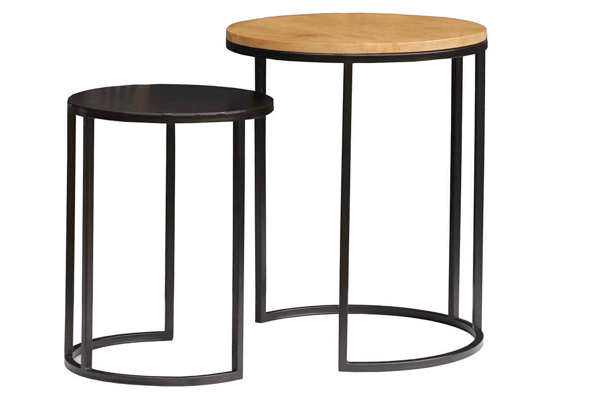 Tables d'appoint gigognes en bois manguier massif et m�tal noir TAHL