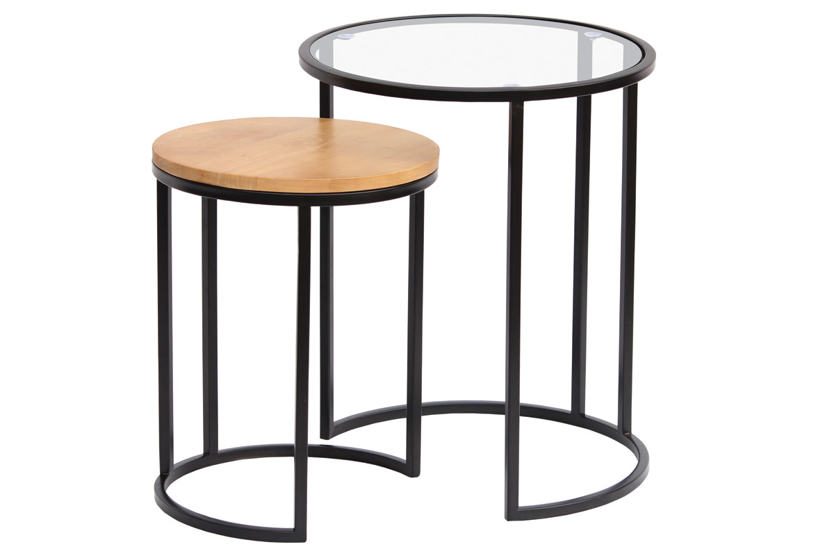 Tables d'appoint gigognes en verre tremp� et bois manguier massif TAHL