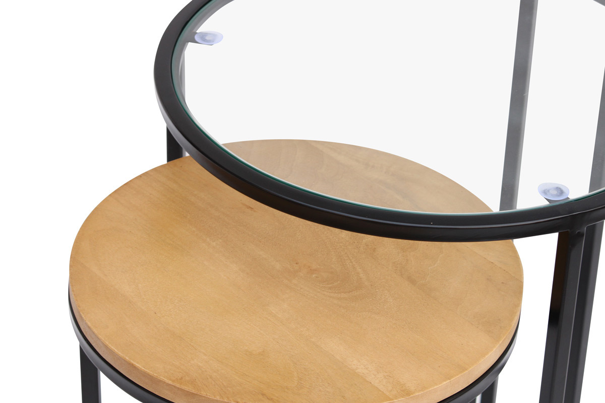 Tables d'appoint gigognes en verre tremp� et bois manguier massif TAHL