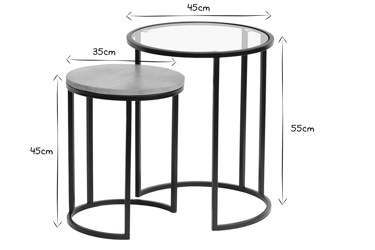Tables d'appoint gigognes en verre tremp� et bois manguier massif TAHL