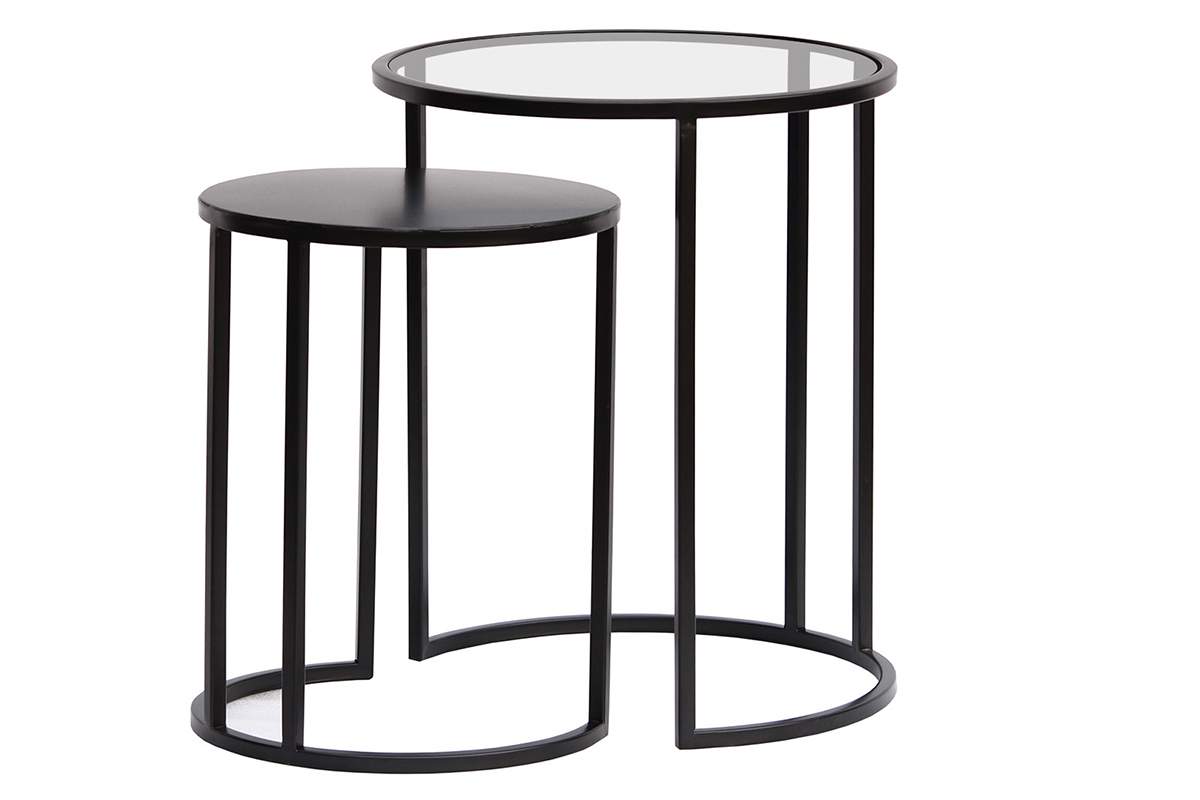 Tables d'appoint gigognes en verre tremp� et m�tal noir TAHL
