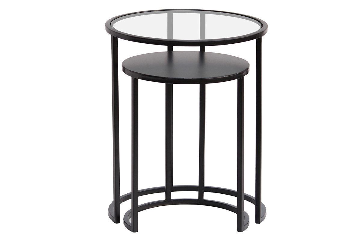 Tables d'appoint gigognes en verre tremp� et m�tal noir TAHL