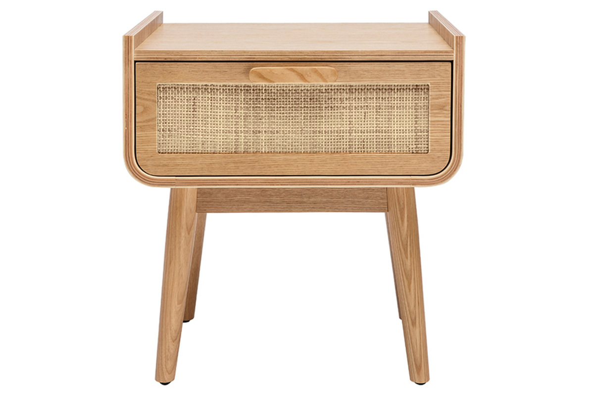 Tables de chevet avec tiroir en bois clair fr�ne et cannage rotin (lot de 2) ATH�NE