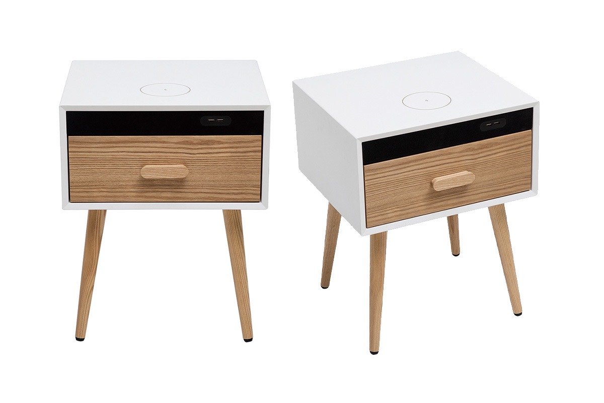 Tables de chevet connect�es multim�dia blanc mat et bois clair massif (lot de 2) PAVAN