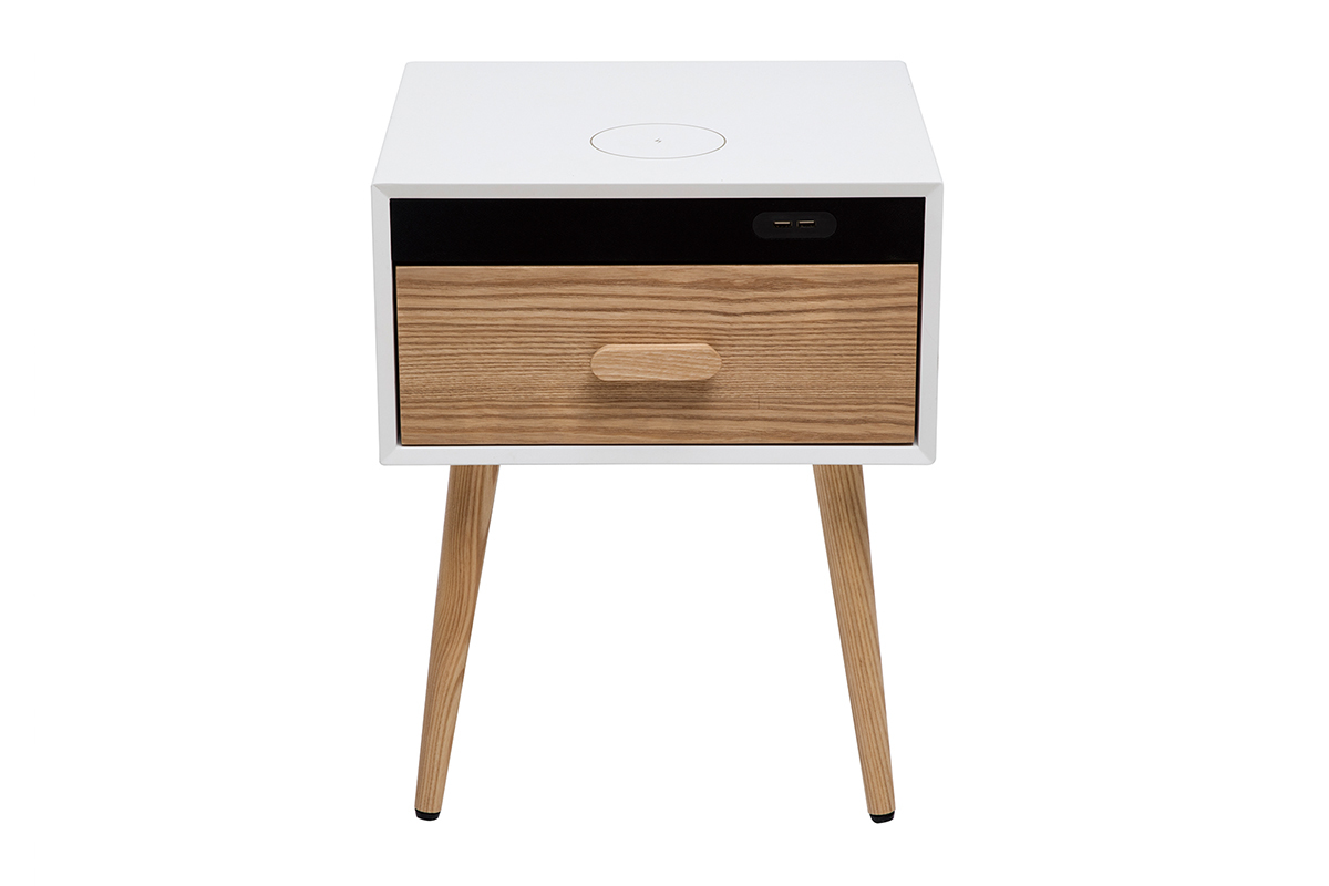 Tables de chevet connect�es multim�dia blanc mat et bois clair massif (lot de 2) PAVAN