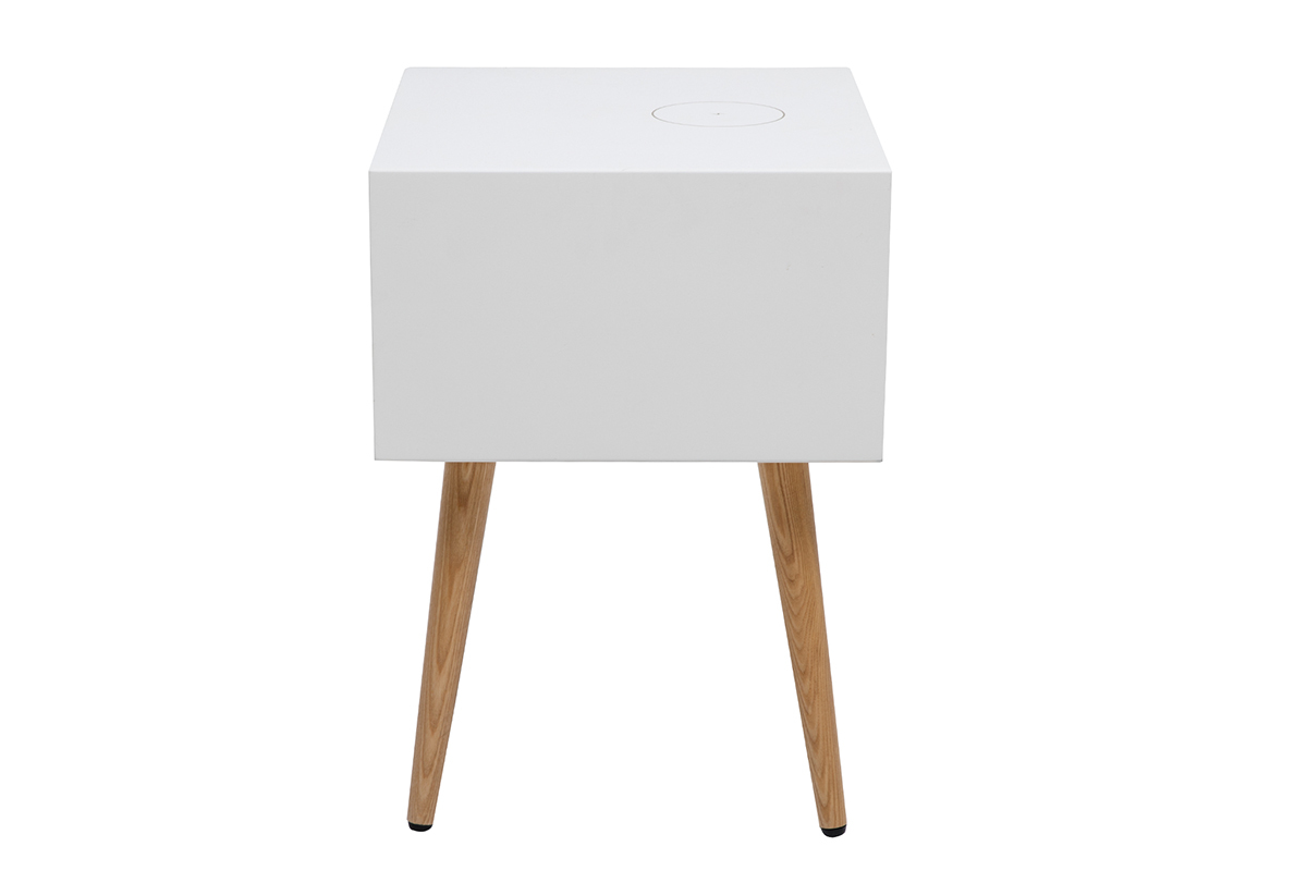 Tables de chevet connect�es multim�dia blanc mat et bois clair massif (lot de 2) PAVAN