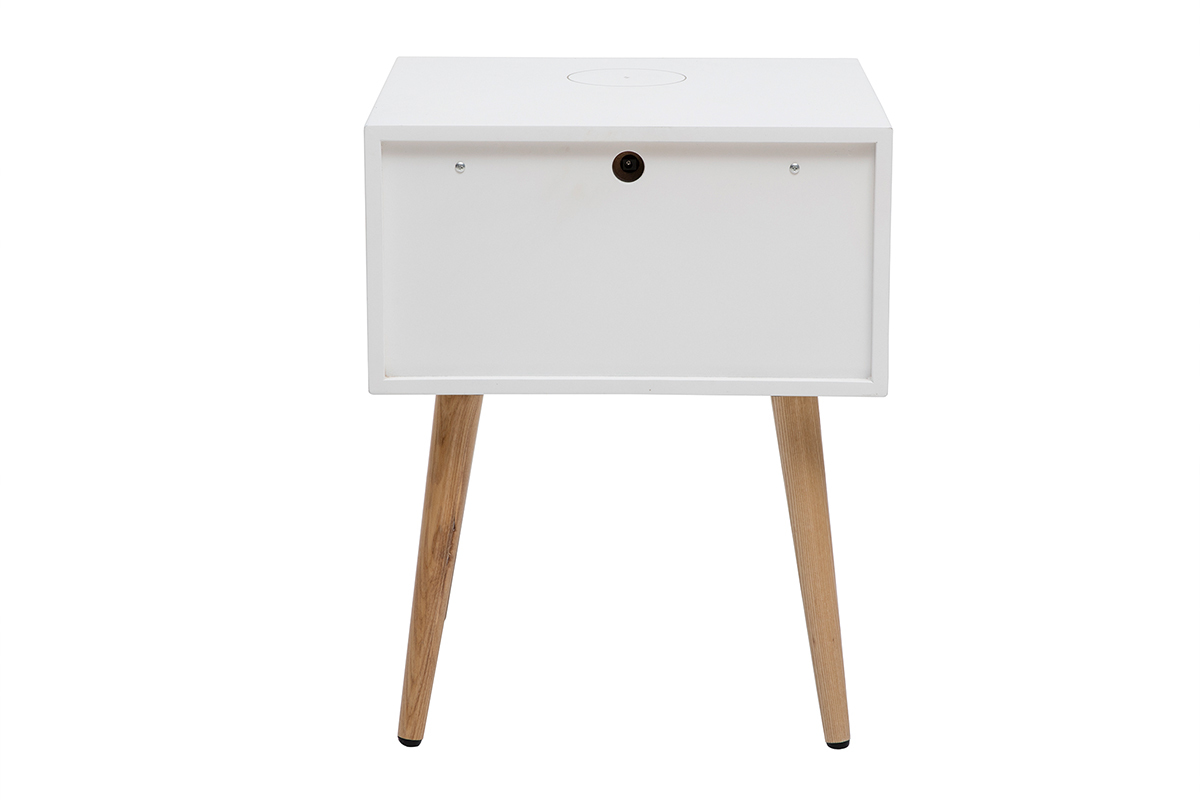 Tables de chevet connect�es multim�dia blanc mat et bois clair massif (lot de 2) PAVAN
