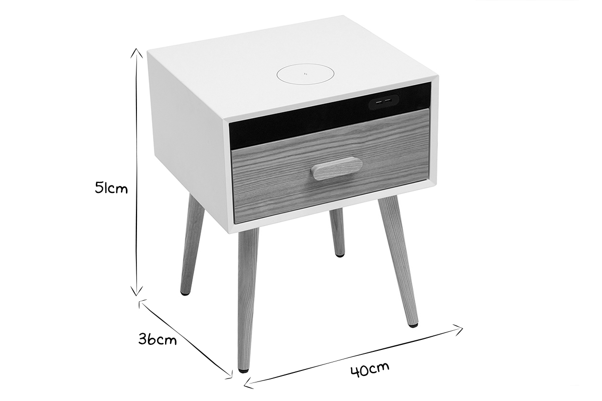 Tables de chevet connect�es multim�dia blanc mat et bois clair massif (lot de 2) PAVAN