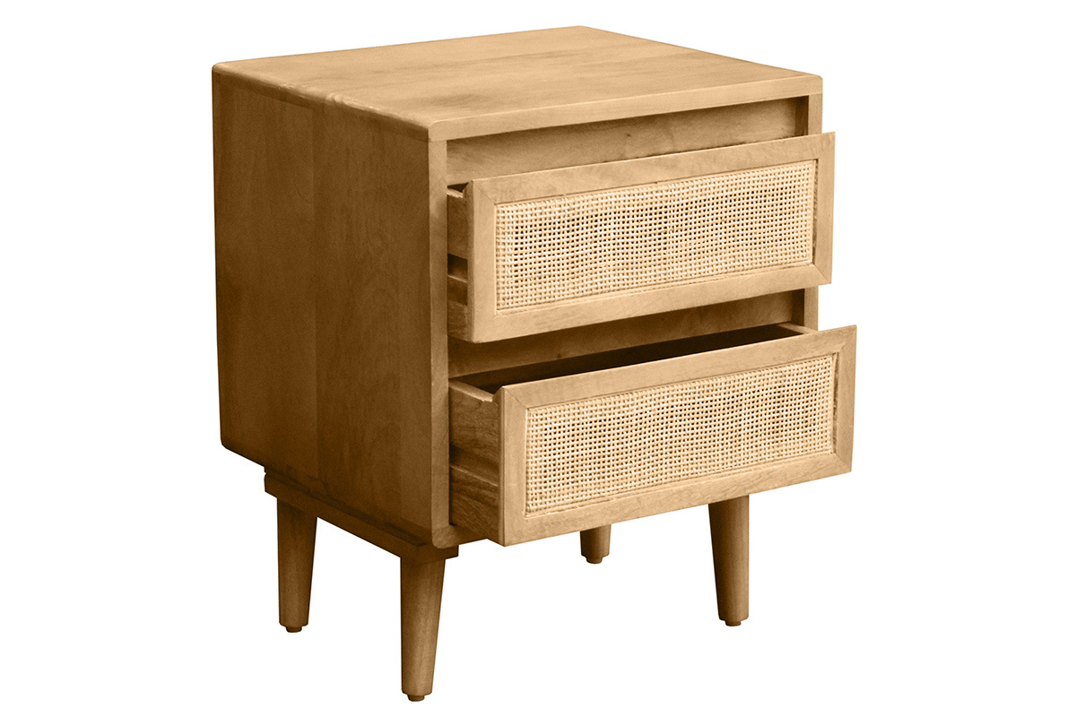 Table de chevet en bois manguier avec deux tiroirs et cannage rotin, vue de trois quarts