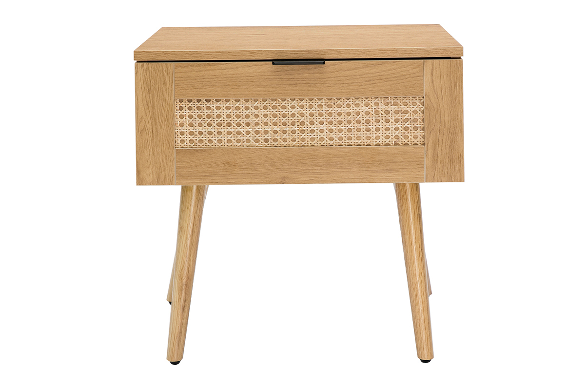 Tables de chevet finition bois clair, cannage rotin et m�tal noir (lot de 2) MANILLE