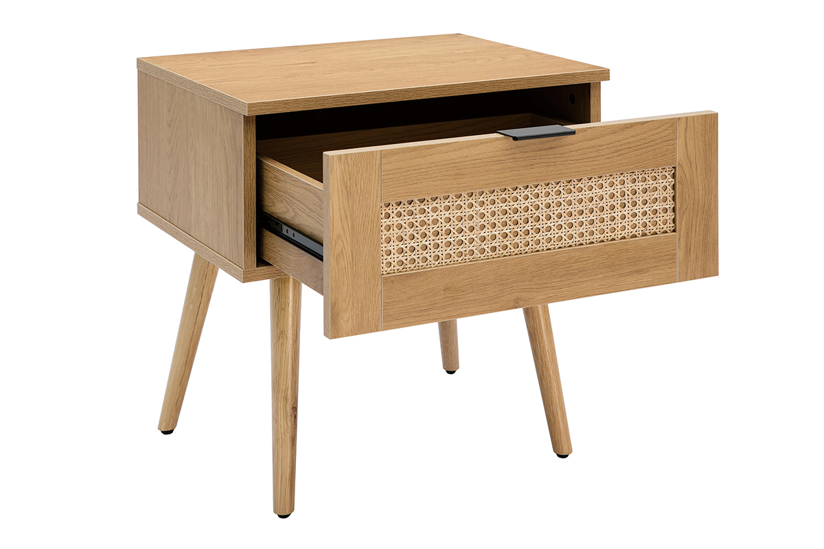Tables de chevet finition bois clair, cannage rotin et m�tal noir (lot de 2) MANILLE