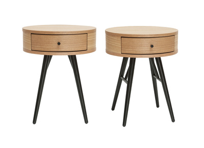 Tables de chevet rondes avec tiroir bois clair et m&eacute;tal noir (lot de 2) KORAL