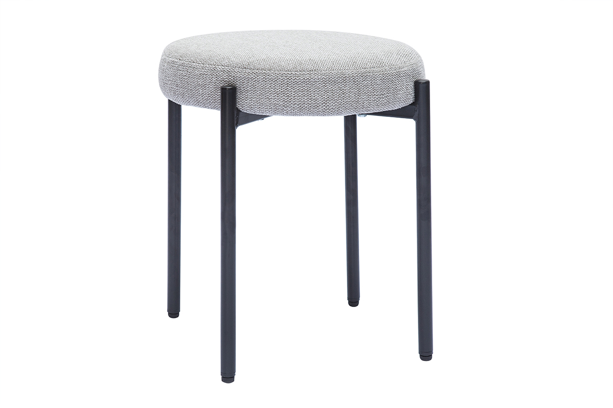 Tabouret bas empilable en tissu effet velours textur� gris clair et m�tal noir H41 cm KIKO