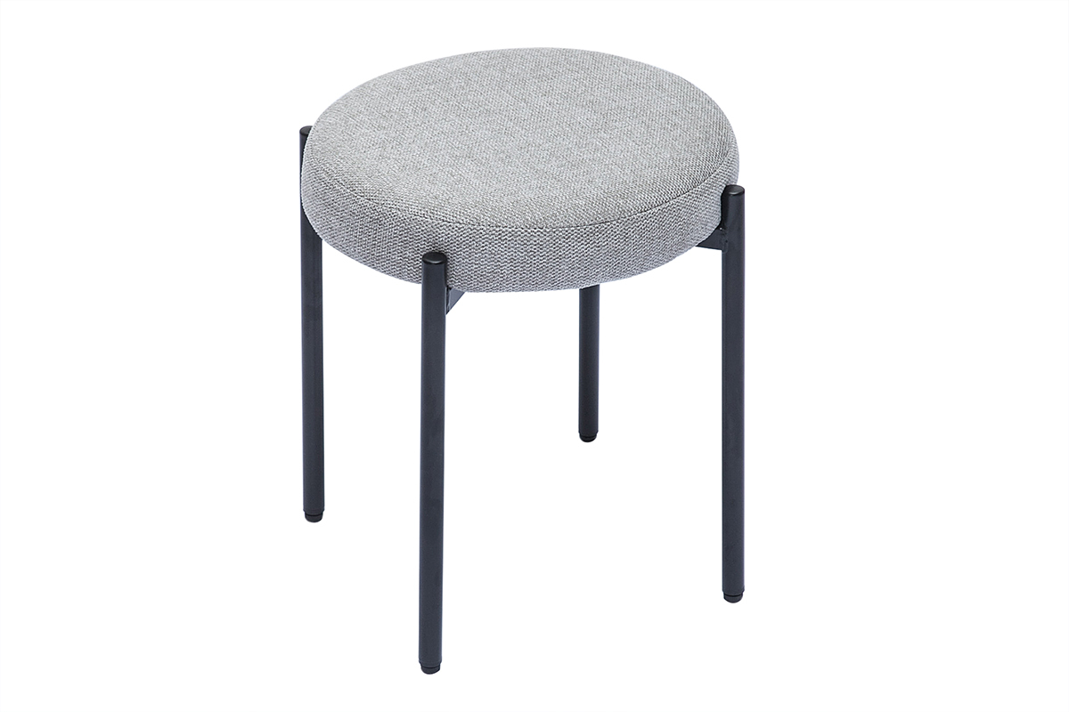 Tabouret bas empilable en tissu effet velours textur� gris clair et m�tal noir H41 cm KIKO