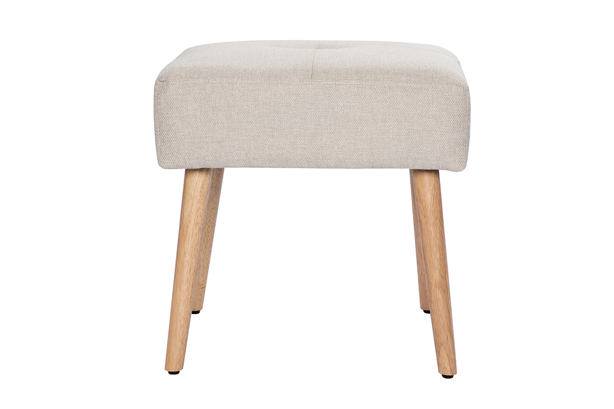 Tabouret bas en tissu effet velours textur� beige et bois clair massif H46 cm GUESTA