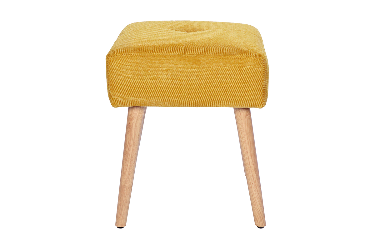 Tabouret bas en tissu effet velours textur� jaune moutarde et bois clair massif H46 cm GUESTA