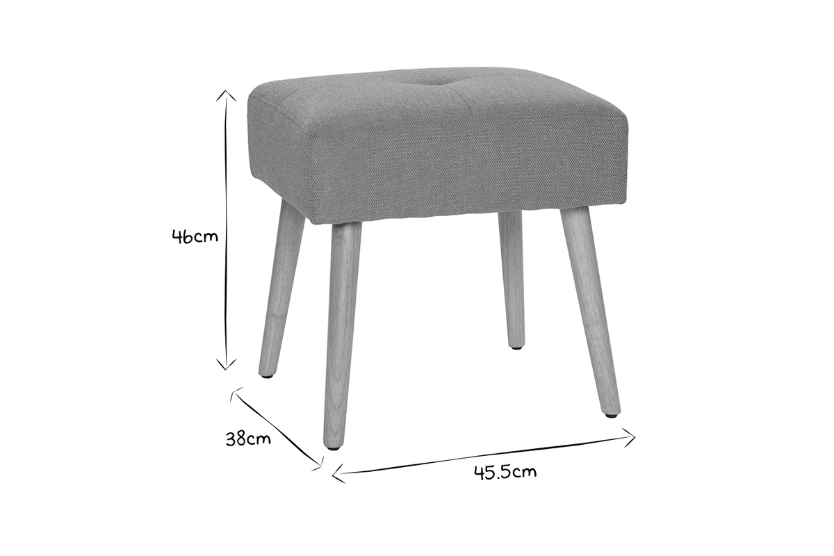 Tabouret en tissu avec dimensions, vue en noir et blanc.