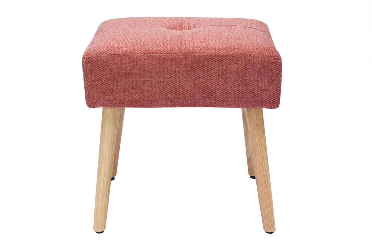 Tabouret en tissu effet velours terracotta et pieds en bois clair, vue de face.