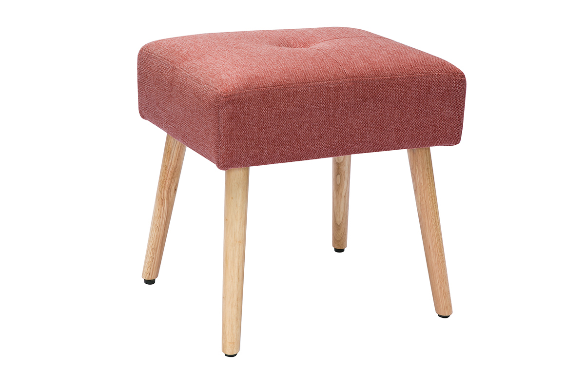 Tabouret bas en tissu terracotta et bois clair, vue de c�t�, H46 cm.