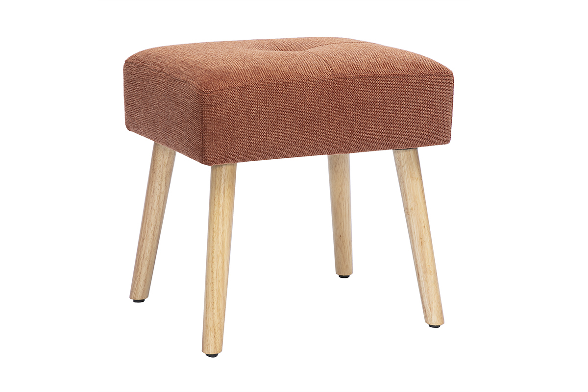 Tabouret bas tissu terre br�l�e, pieds bois clair, vue de 3/4.