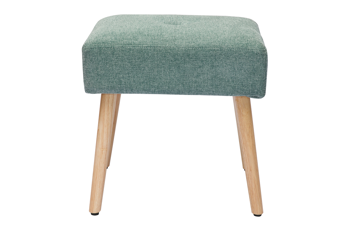 Tabouret bas en tissu effet velours textur� vert c�ladon et bois clair massif H46 cm GUESTA