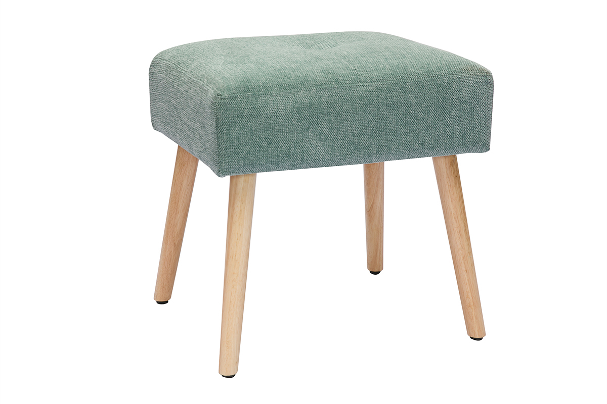 Tabouret bas en tissu effet velours textur� vert c�ladon et bois clair massif H46 cm GUESTA