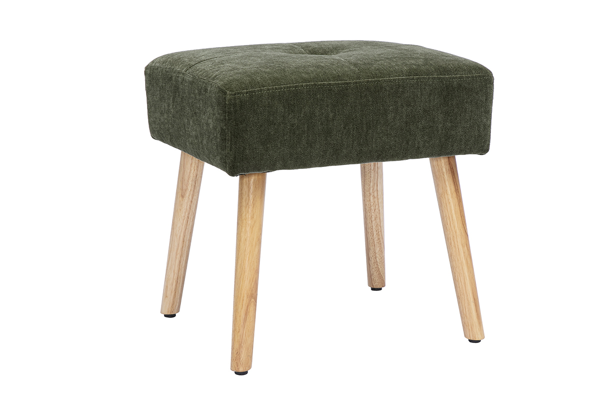 Tabouret en tissu vert kaki et bois clair, vue de trois quarts.