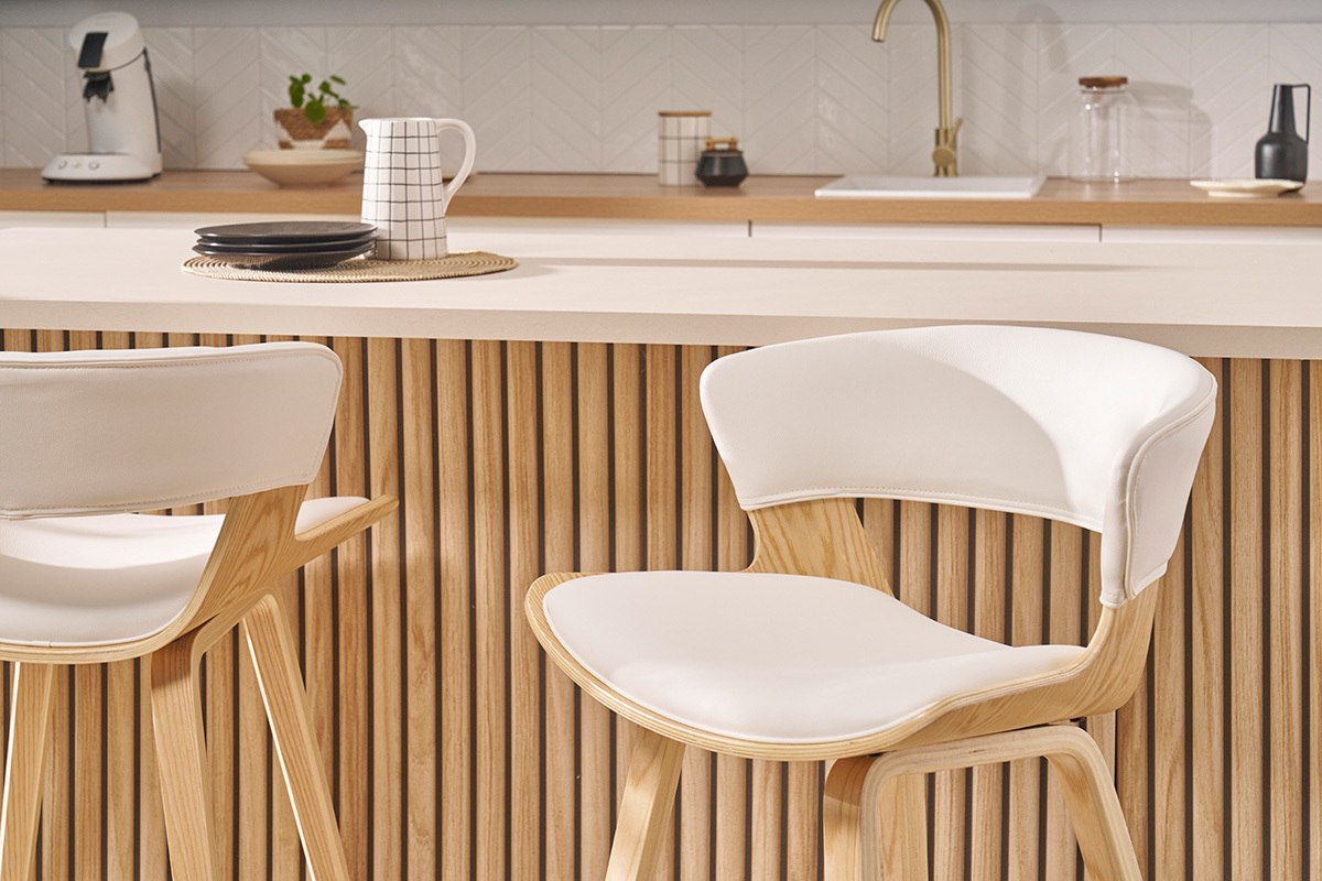Tabouret de bar design blanc et bois clair H65 cm SYRAH