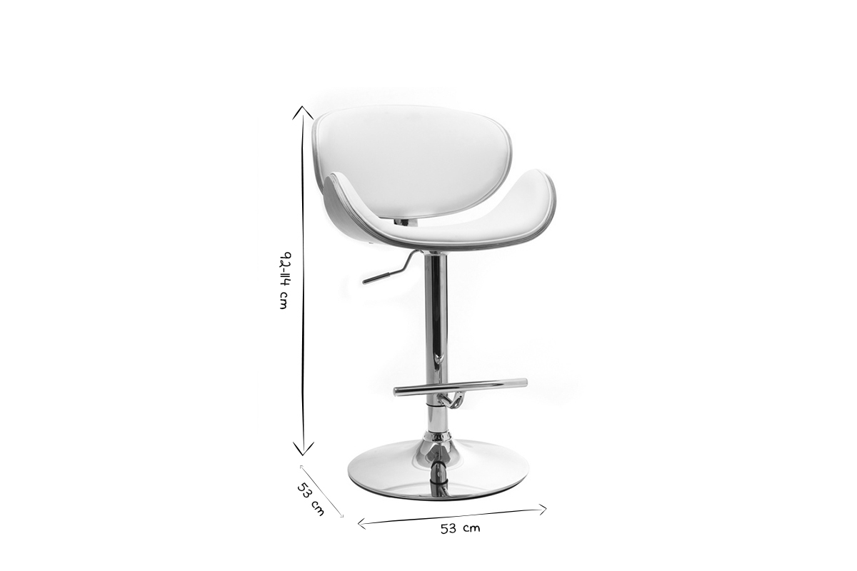 Dimensions du tabouret de bar design WALNUT en noir et blanc, hauteur 92-114 cm, largeur 53 cm.