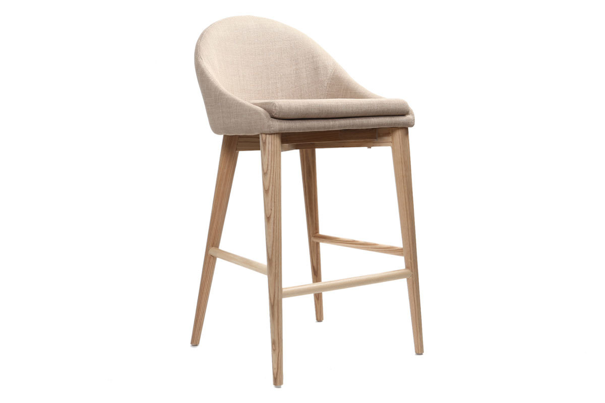 Tabouret de bar design en tissu beige et bois clair H66.5 cm DALIA