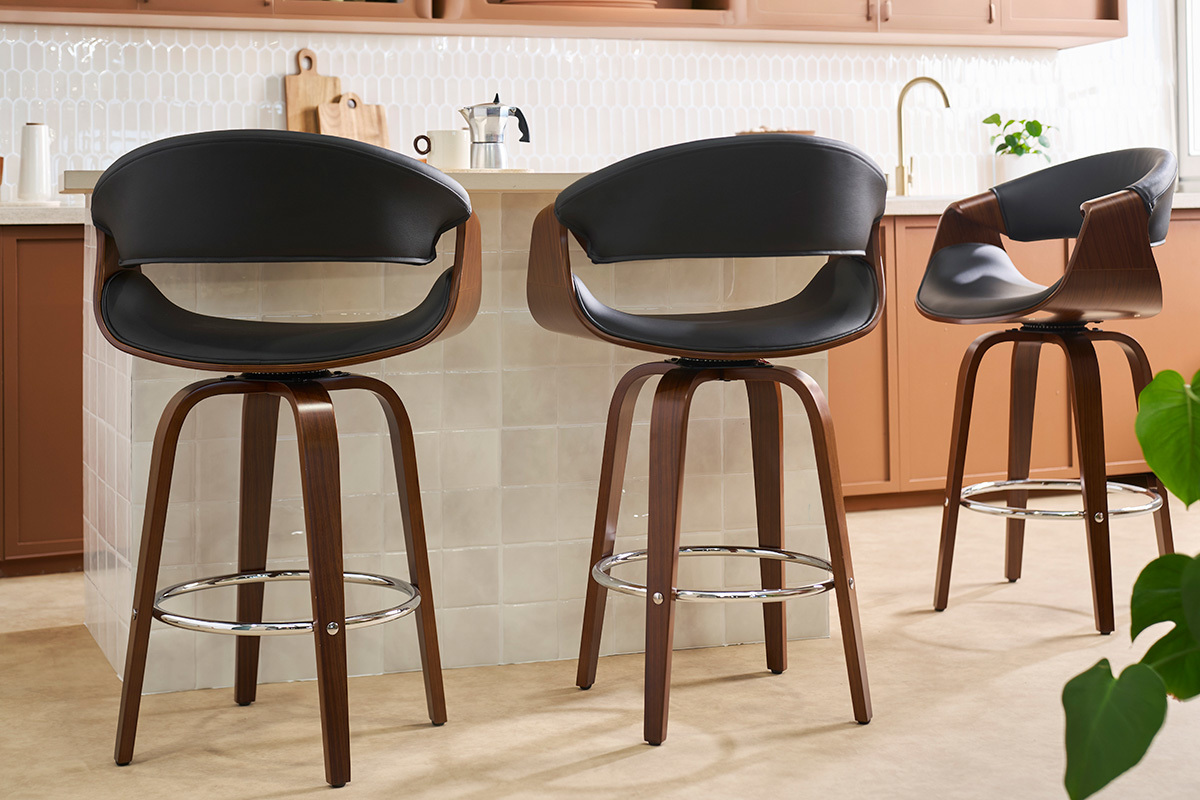 Tabouret de bar design noir et bois fonc� 65 cm pivotant 360� ARAMIS