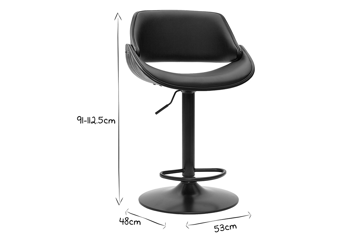 Dimensions du tabouret de bar noir r�glable CLASH en noir et blanc, vue de face.