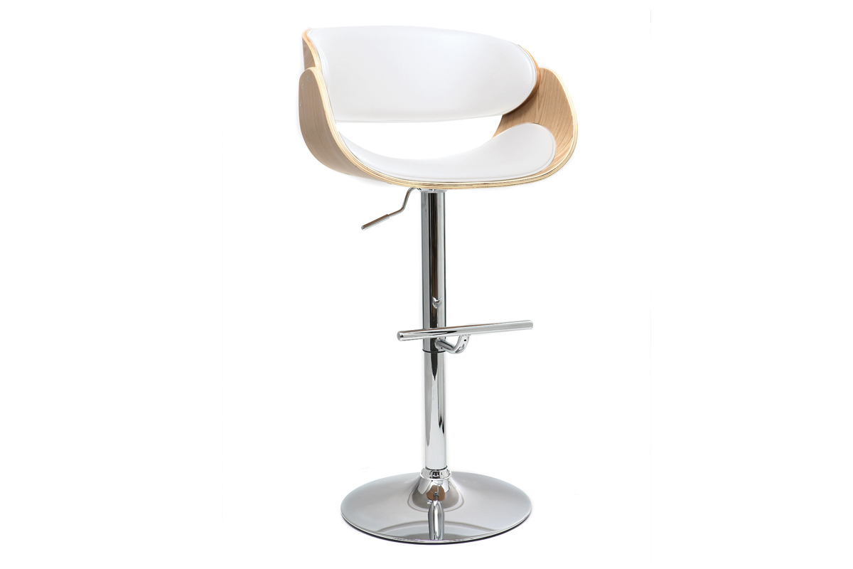 Tabouret de bar design r�glable blanc et bois clair BENT