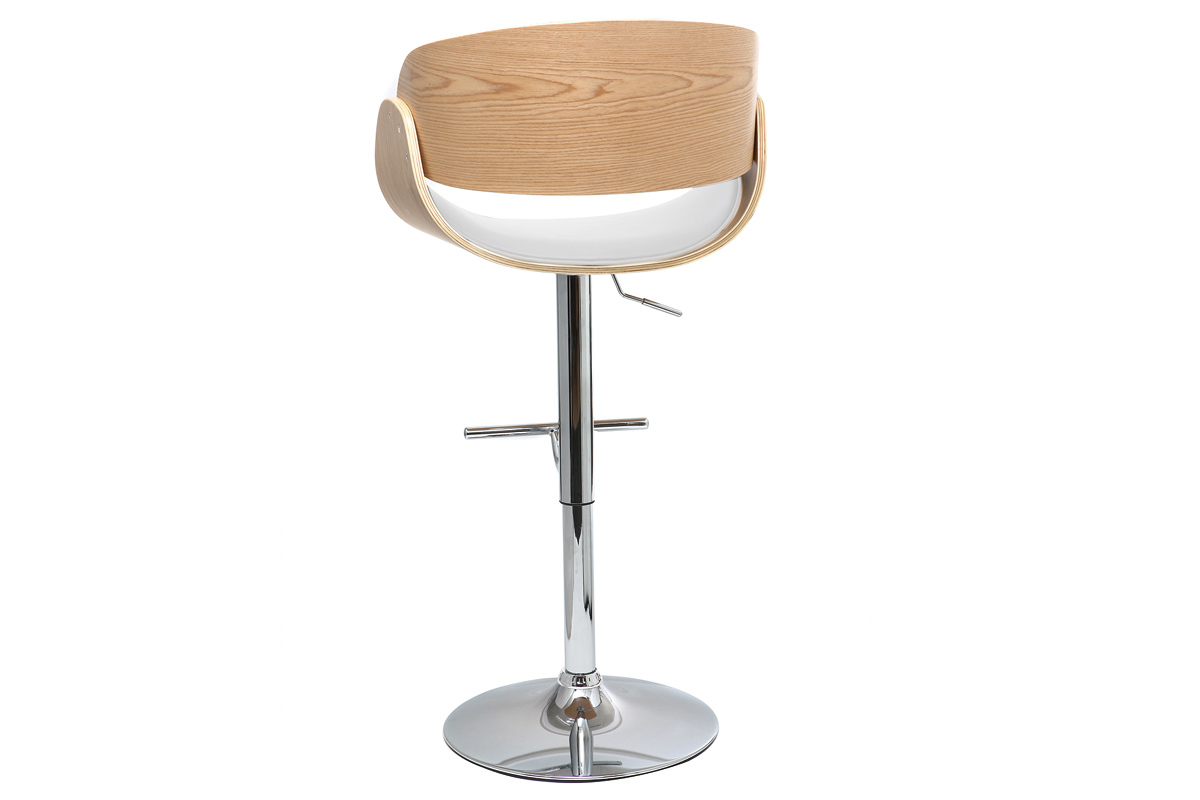 Tabouret de bar design r�glable blanc et bois clair BENT