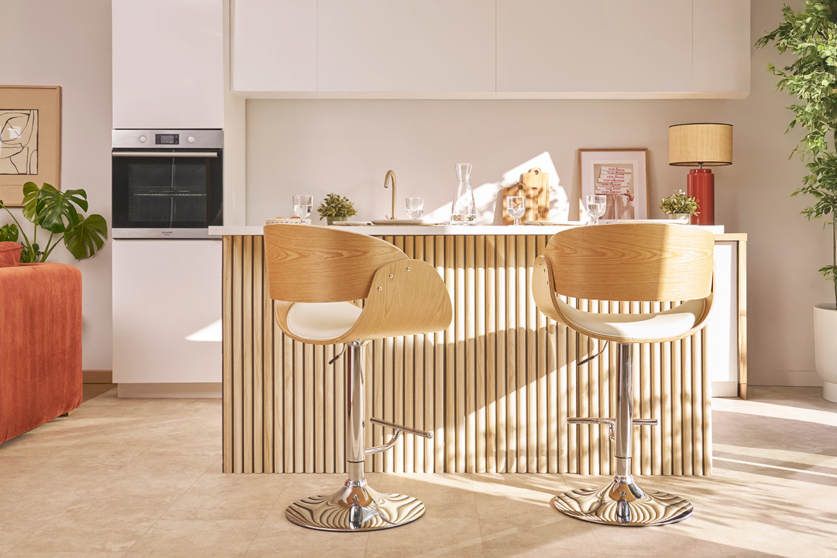 Tabouret de bar design r�glable blanc et bois clair BENT