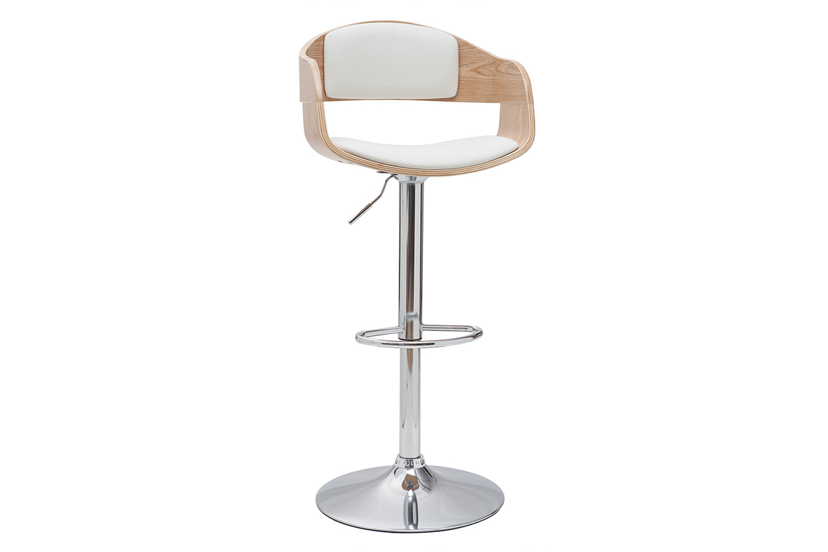 Tabouret de bar design r�glable blanc et bois clair EUSTACHE