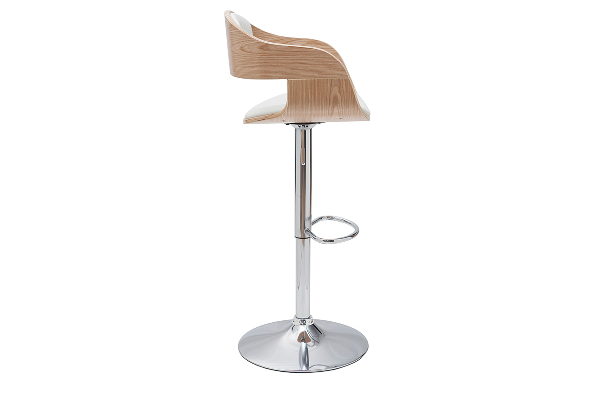 Tabouret de bar design r�glable blanc et bois clair EUSTACHE