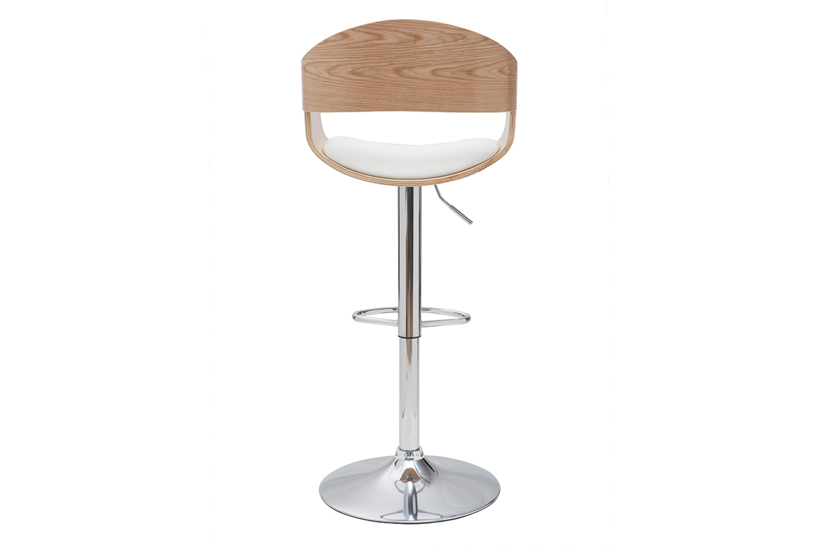Tabouret de bar design r�glable blanc et bois clair EUSTACHE
