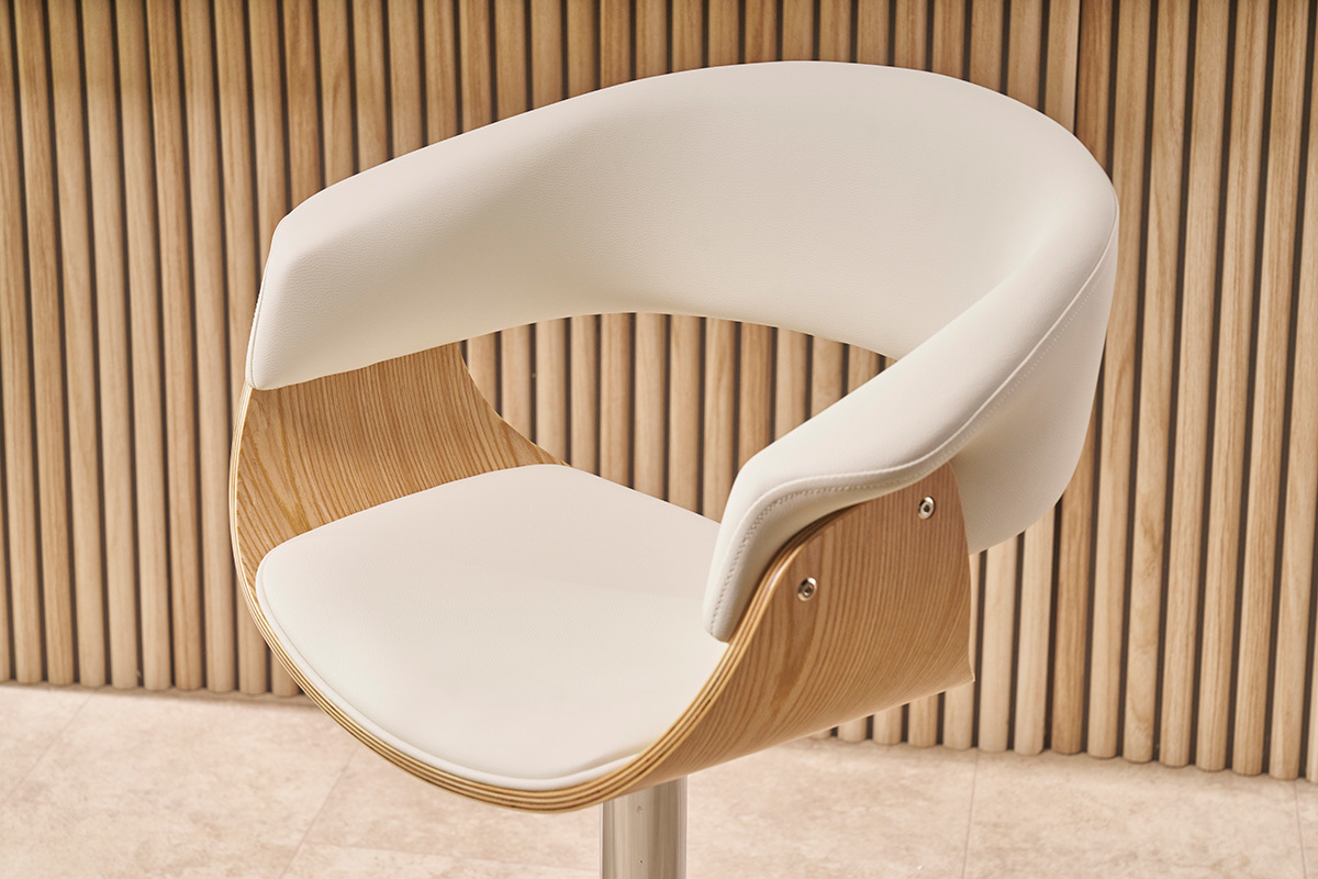 Tabouret de bar design r�glable blanc et bois clair OKTAV