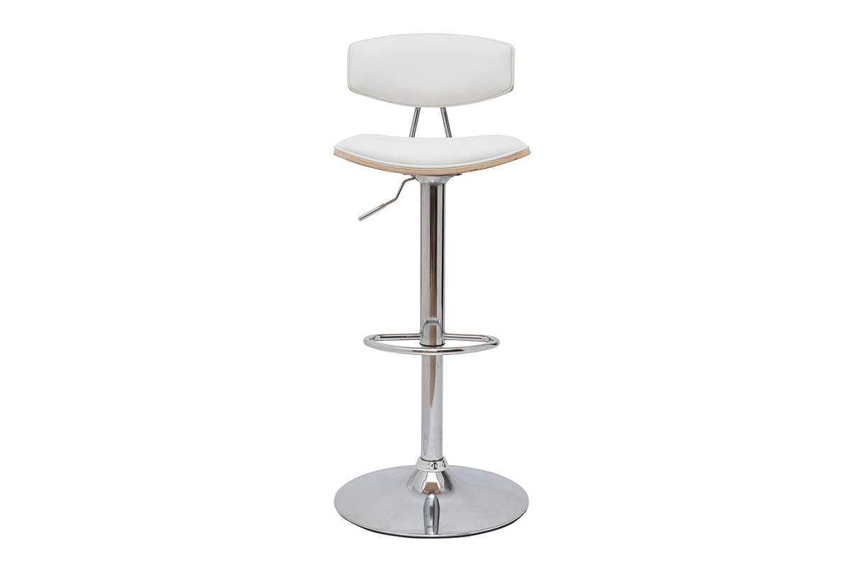 Tabouret de bar r�glable blanc avec structure en acier chrom� et bois clair, vue frontale.