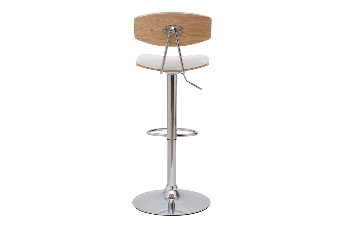 Tabouret de bar blanc et bois clair, vue de dos, avec base en acier chrom�.